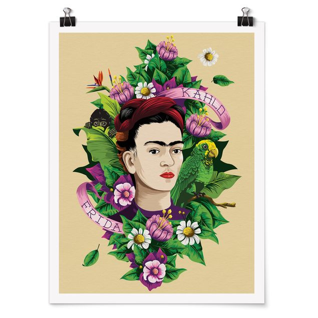 Poster - Frida Kahlo - Frida, scimmia e pappagallo - Verticale 4:3