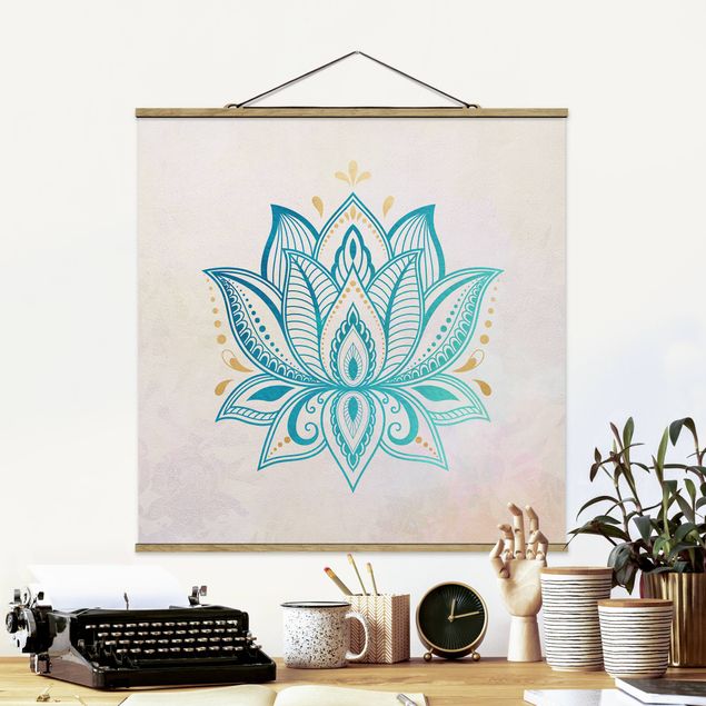 Quadro su tessuto con stecche per poster - Lotus Mandala illustrazione oro blu - Quadrato 1:1
