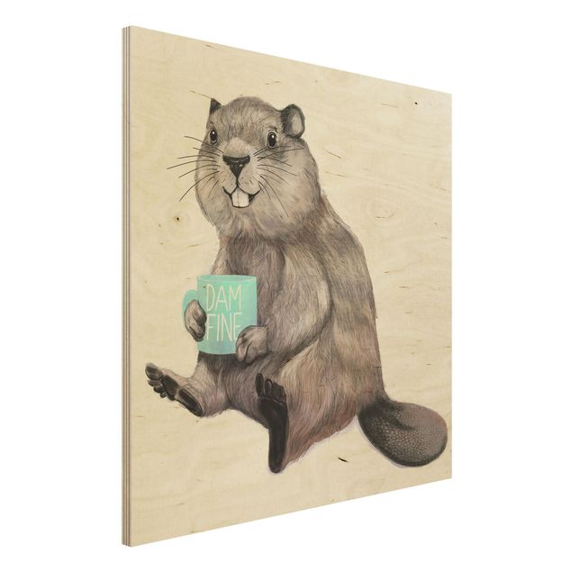 Stampa su legno - Illustrazione Beaver con tazza di caffè - Quadrato 1:1