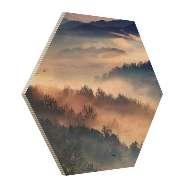 Esagono in legno - Nebbia al tramonto