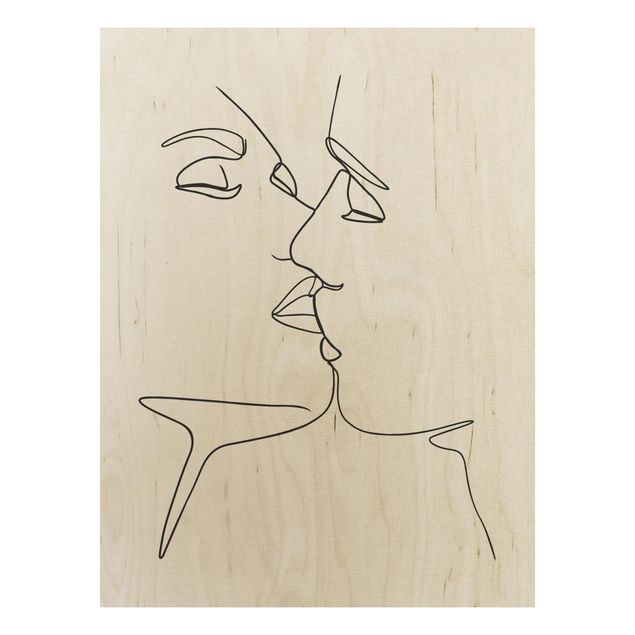 Stampa su legno - Line Art bacio Faces Bianco e nero - Verticale 4:3