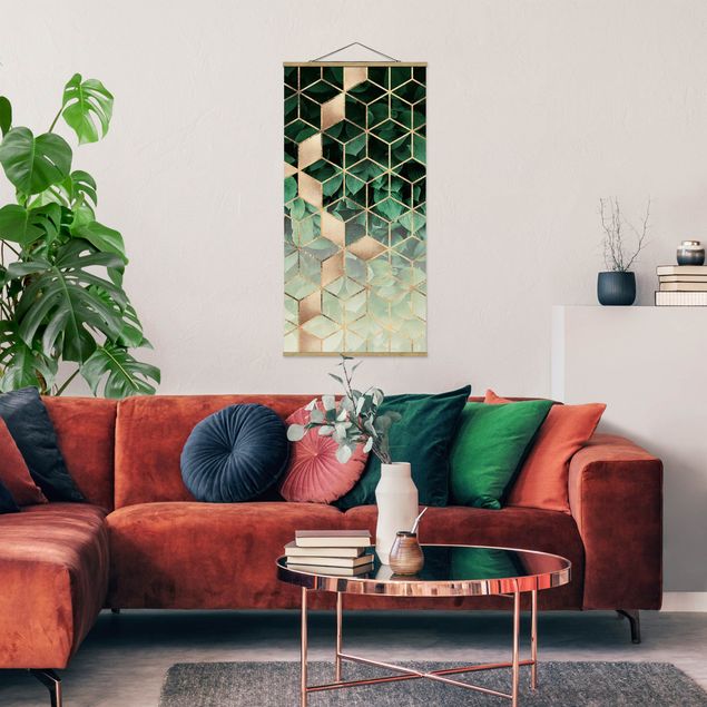 Quadro su tessuto con stecche per poster - Elisabeth Fredriksson - Verde Foglie d'oro Geometria - Verticale 2:1