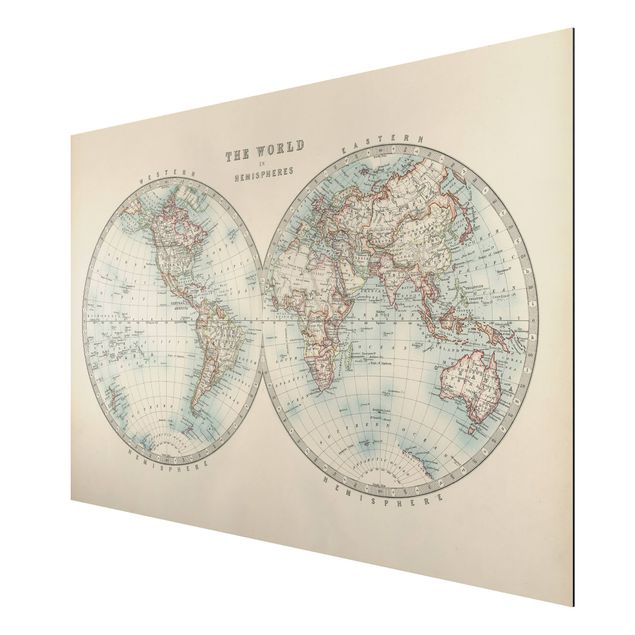 Stampa su alluminio spazzolato - Mappa del mondo Vintage i due emisferi - Orizzontale 2:3