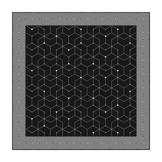 Tappeto bianco e nero moderno Piastrelle geometriche linee tratteggiate nero con bordo