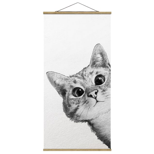 Quadro su tessuto con stecche per poster - Laura Graves - Illustrazione Cat Disegno Nero Bianco - Verticale 2:1