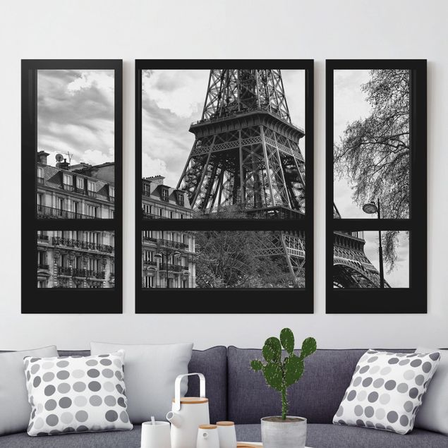 Stampa su tela bianco e nero Window View Paris - Close To The Eiffel Tower In Black And White