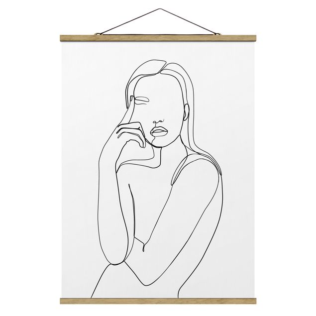 Foto su tessuto da parete con bastone - Line Art Pensieroso donna Bianco e nero - Verticale 4:3