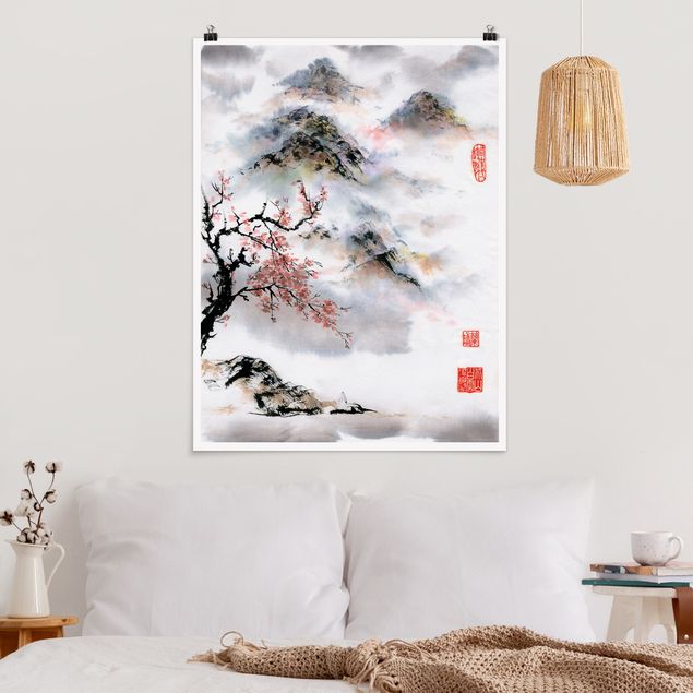 Poster vintage Disegno acquerello giapponese Ciliegio e montagne