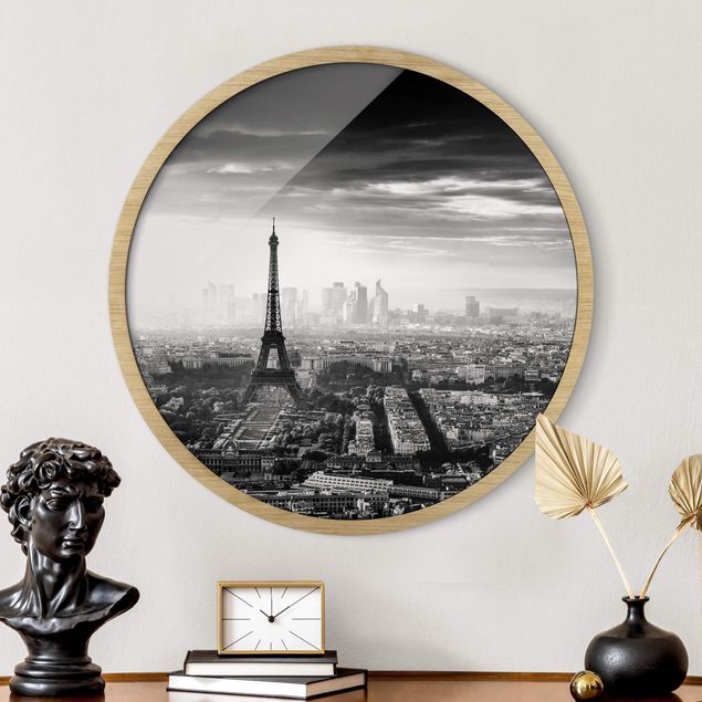 Poster con cornice rotonda La Torre Eiffel dall'alto in bianco e nero