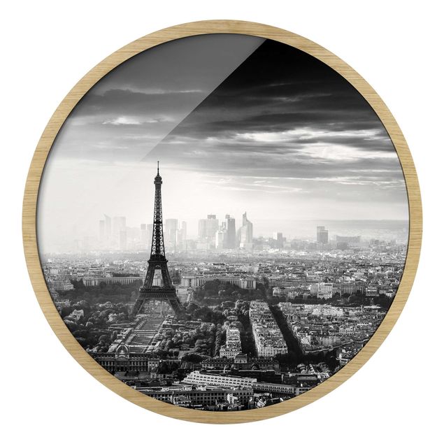 Quadro rotondo incorniciato - La torre Eiffel dall'alto in bianco e nero