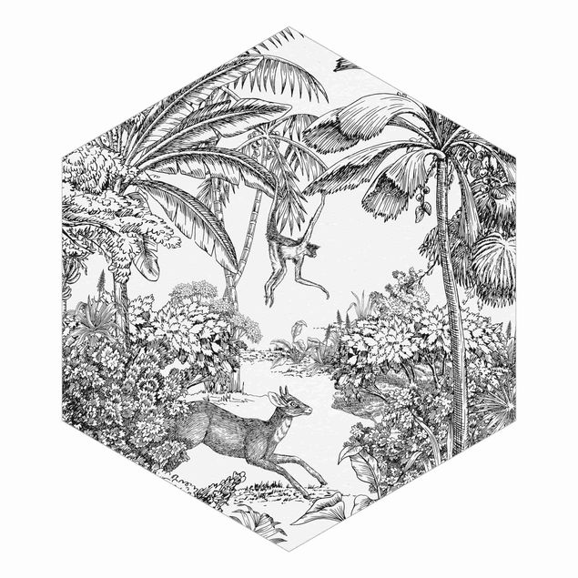 Carta da parati esagonale adesiva con disegni - Disegno dettagliato di giungla
