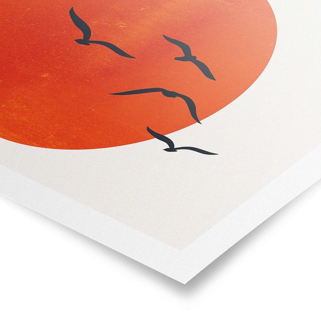 Poster - Stormo di uccelli davanti al sole rosso - Orizzontale 2:3
