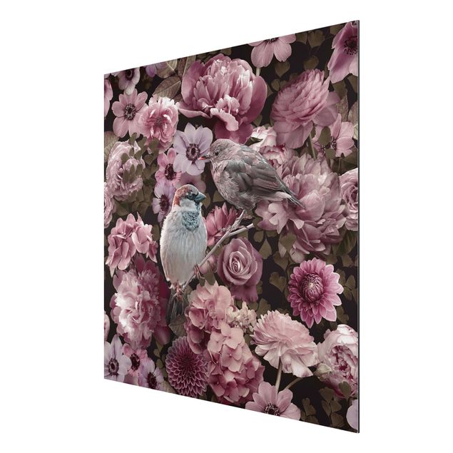 Stampa su alluminio - Paradiso floreale con passerotti in rosa antico