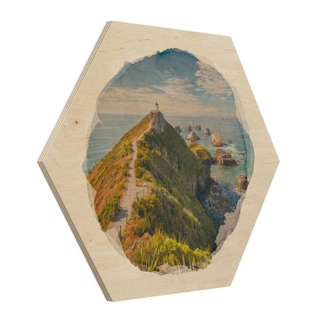 Esagono in legno - Acquarelli - Nugget Point Lighthouse e Sea Zelanda