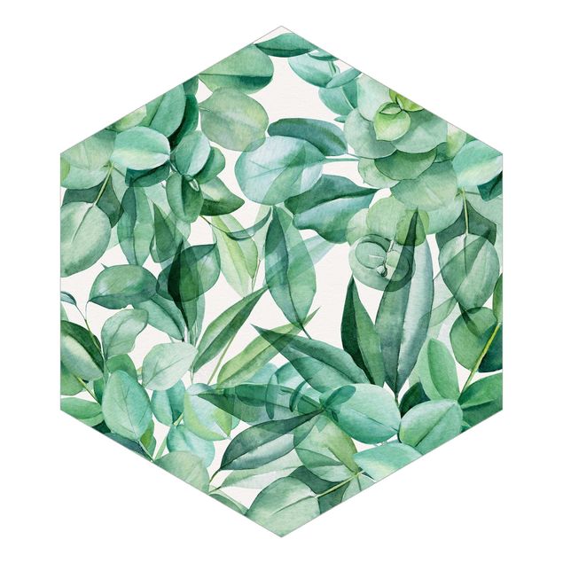 Carta da parati esagonale adesiva con disegni - Fitte foglie di eucalipto in acquerello