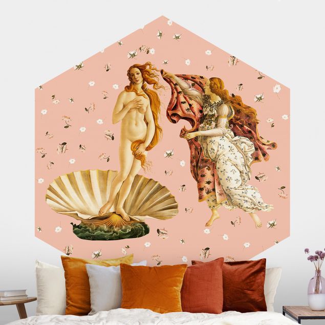Carta da parati esagonale La Venere di Botticelli su rosa