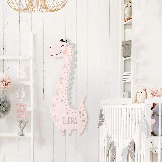 Metro da parete per bambini di legno - Dinosauro pastello per bambina con nome personalizzato