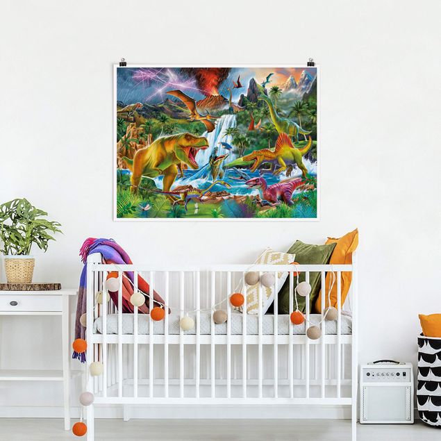 Poster cameretta bambini animali Dinosauri in una tempesta preistorica