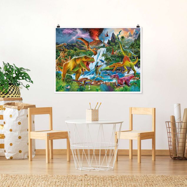 Poster illustrazioni Dinosauri in una tempesta preistorica