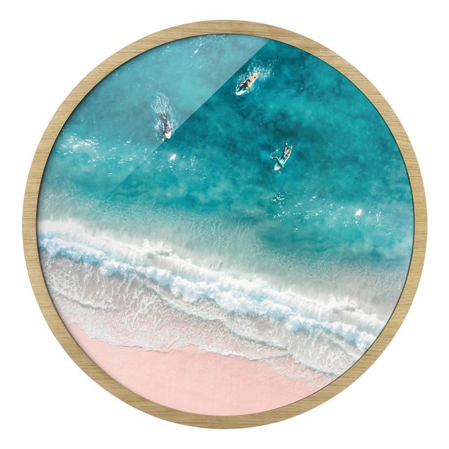 Quadro rotondo incorniciato - Tre surfisti remano verso la riva