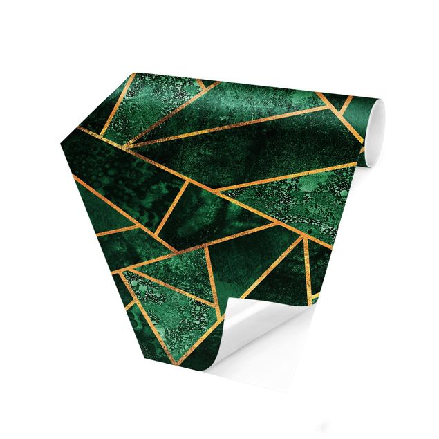 Carta da parati esagonale adesiva con disegni - Smeraldo scuro con oro