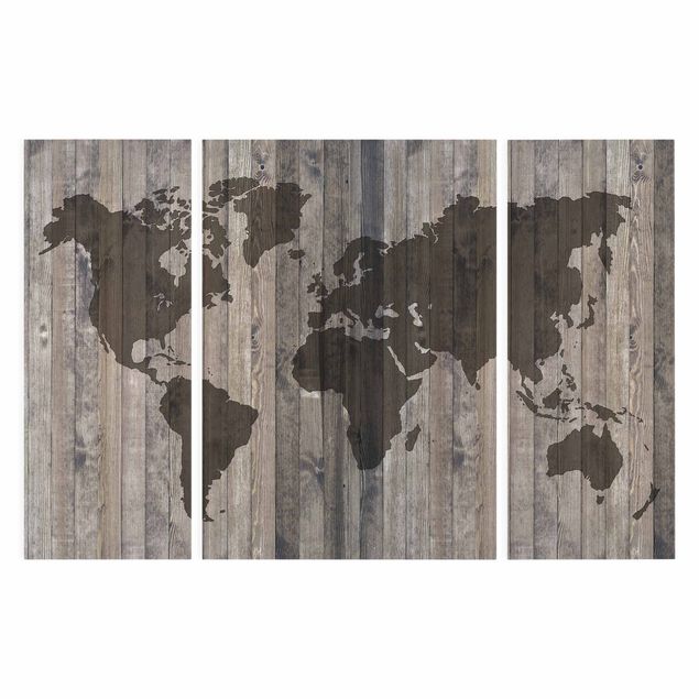 Stampa su tela 3 parti - Wood World Map - Trittico