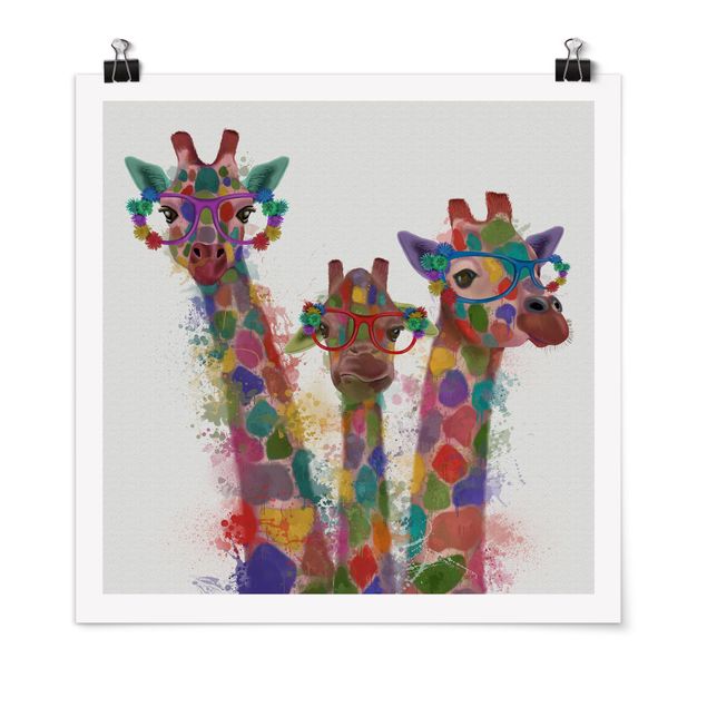 Poster illustrazioni Trio di giraffe con schizzi arcobaleno