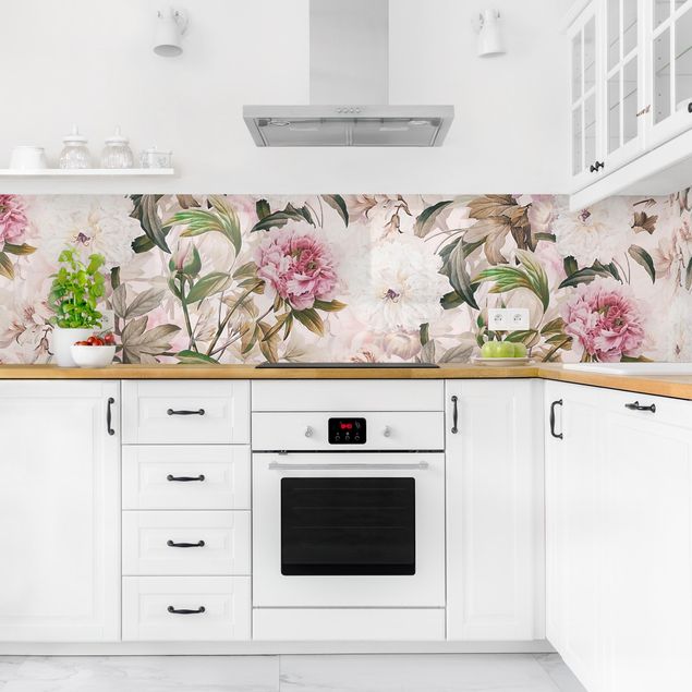 Rivestimenti cucina di plastica Peonie illustrate in rosa chiaro