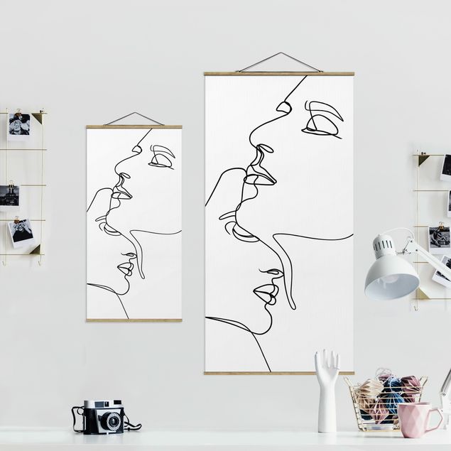 Quadro su tessuto con stecche per poster - Line Art Tender Faces Bianco e nero - Verticale 2:1