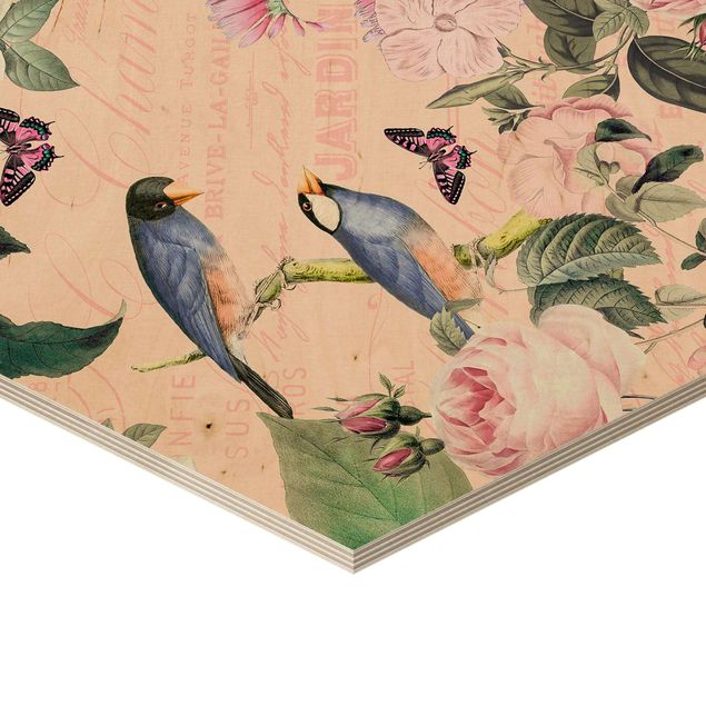 Esagono in legno - Vintage Collage - rose e uccelli