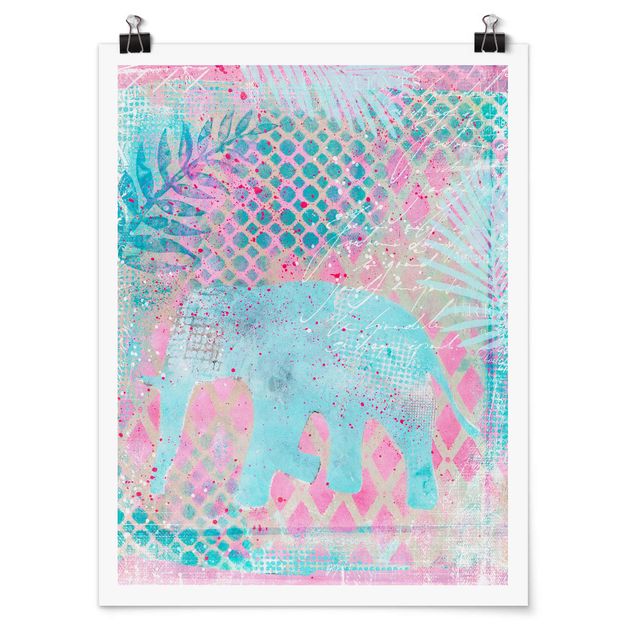 Poster - Colorato collage - Elefante in blu e rosa - Verticale 4:3