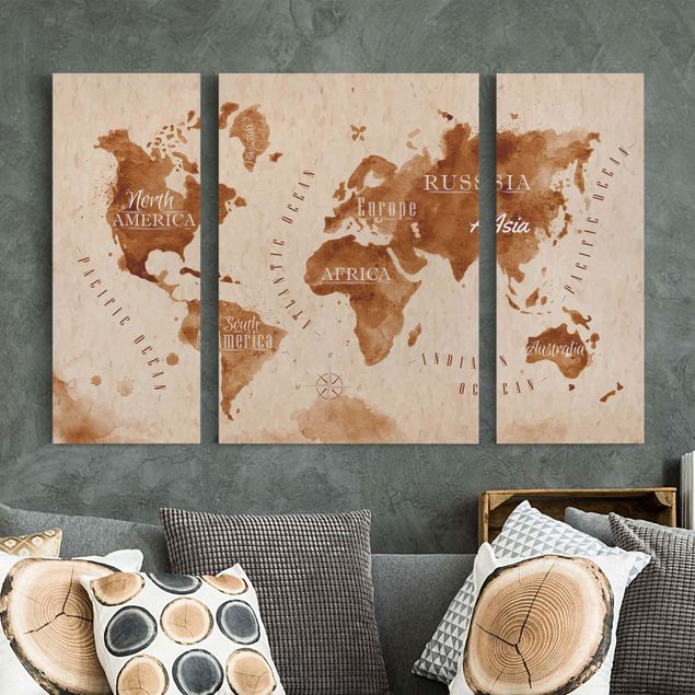 Quadri moderni per soggiorno Mappa del mondo Acquerello Beige Marrone