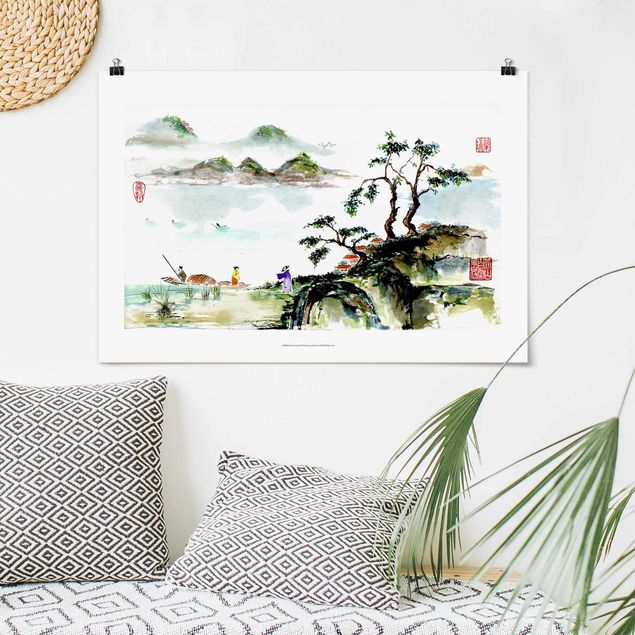 poster vintage originali Disegno giapponese ad acquerello di lago e montagne
