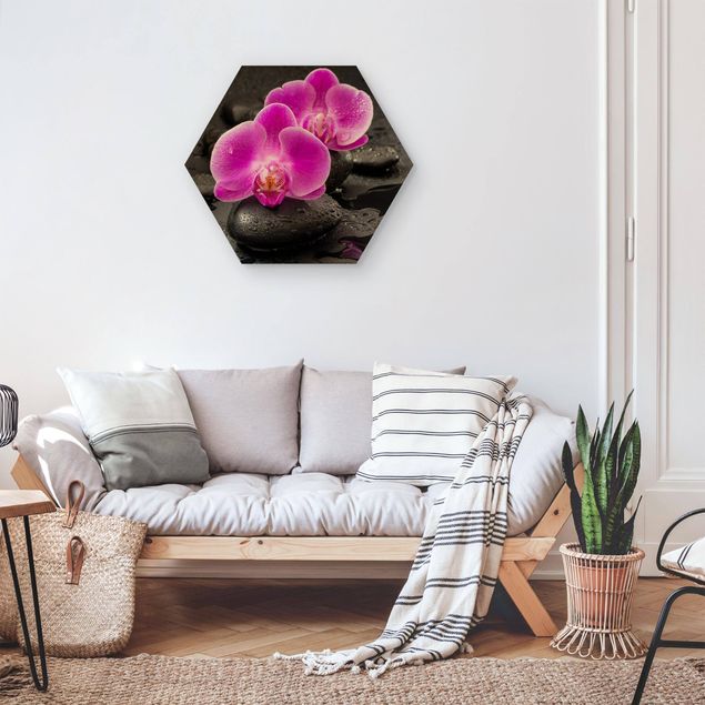 Esagono in legno - Pink Orchid Fiori Sulle Pietre Con Le Gocce