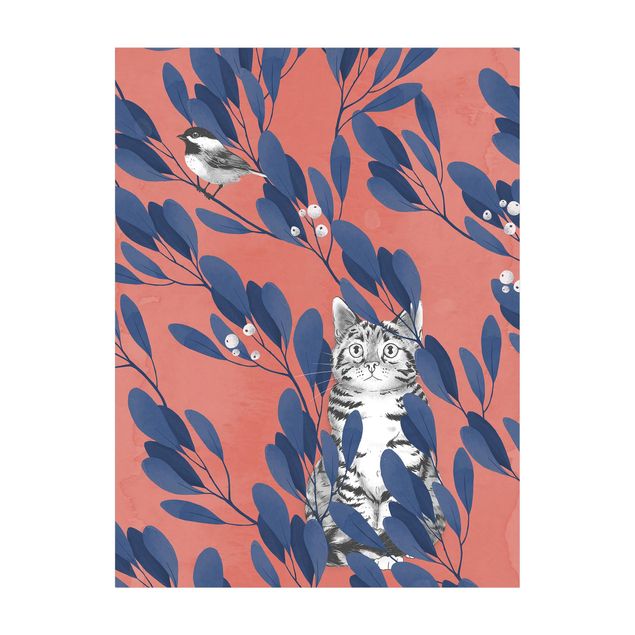 Tappeti in vinile grandi dimensioni Illustrazione - Gatto e uccello su ramo blu rosso