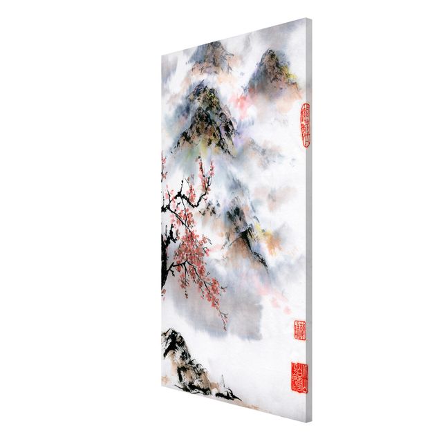 Lavagna magnetica - Giapponese disegno ad acquerello Ciliegio E Montagne - Formato verticale 4:3