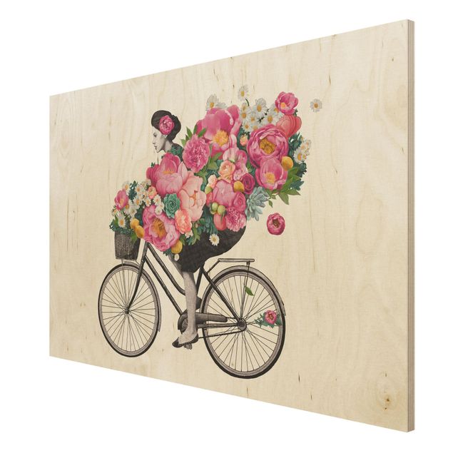 Stampa su legno - Illustrazione Donna in bicicletta Collage fiori variopinti - Orizzontale 2:3