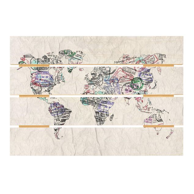Stampa su legno - Timbro del passaporto Mappa del mondo - Orizzontale 2:3