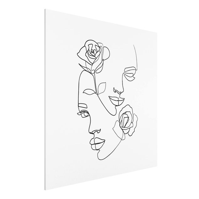 Stampa su Forex - Line Art Faces donne Roses Bianco e nero - Quadrato 1:1