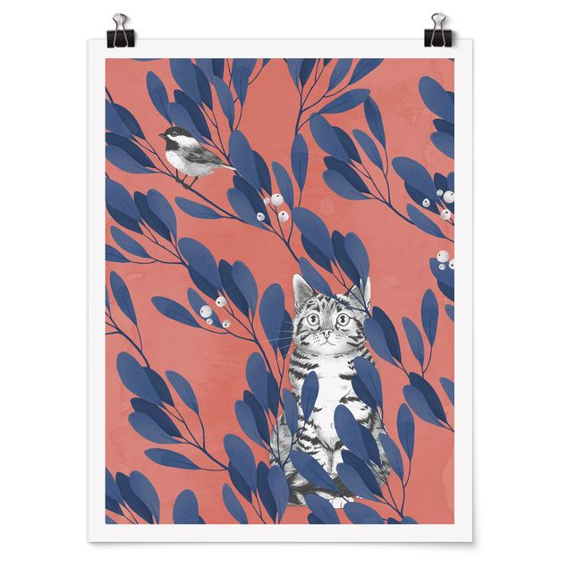 Poster - Illustrazione Gatto E uccello sul ramo Blu Rosso - Verticale 4:3