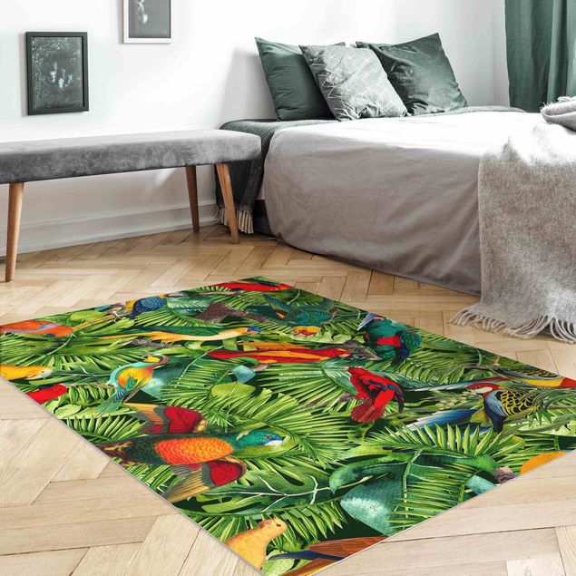 Tappeti moderni soggiorno Collage colorato - Pappagalli nella giungla