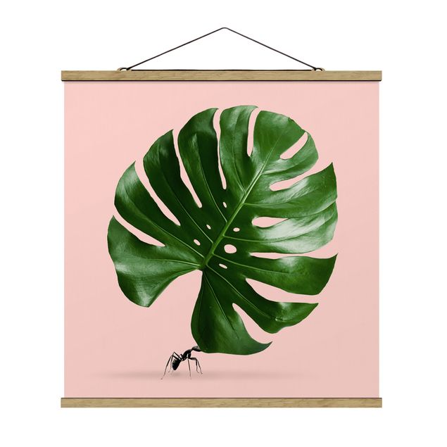 Quadro su tessuto con stecche per poster - Ant con Leaf Monstera - Quadrato 1:1