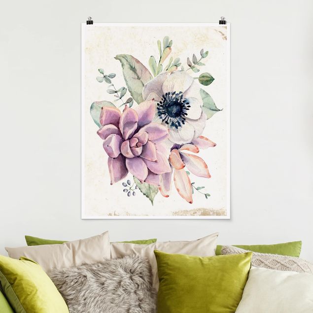 Poster vintage Casetta di fiori ad acquerello