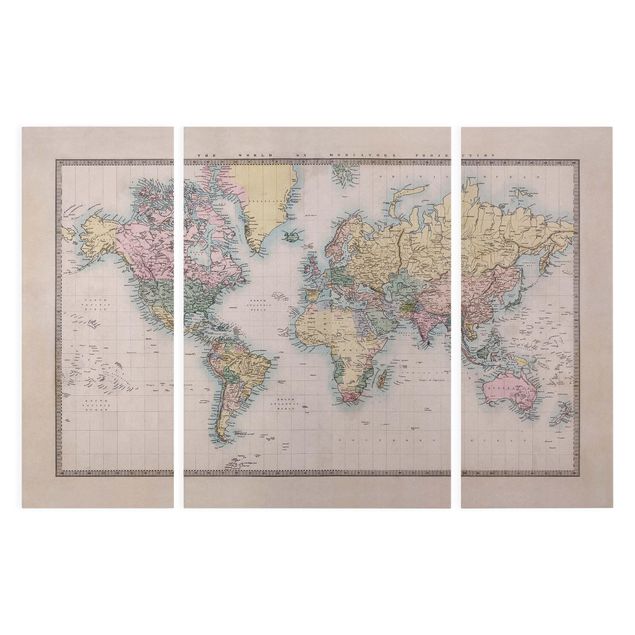 Stampa su tela 3 parti - Vintage World Map 1850 - Trittico