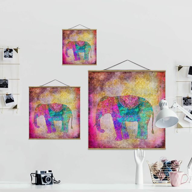 Quadro su tessuto con stecche per poster - Colorato collage - Elefante indiano - Quadrato 1:1