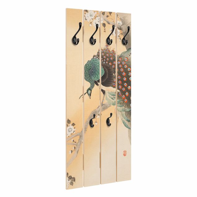 Appendiabiti in legno - Vintage illustrazione Asian Peacock II - Ganci cromati - Verticale