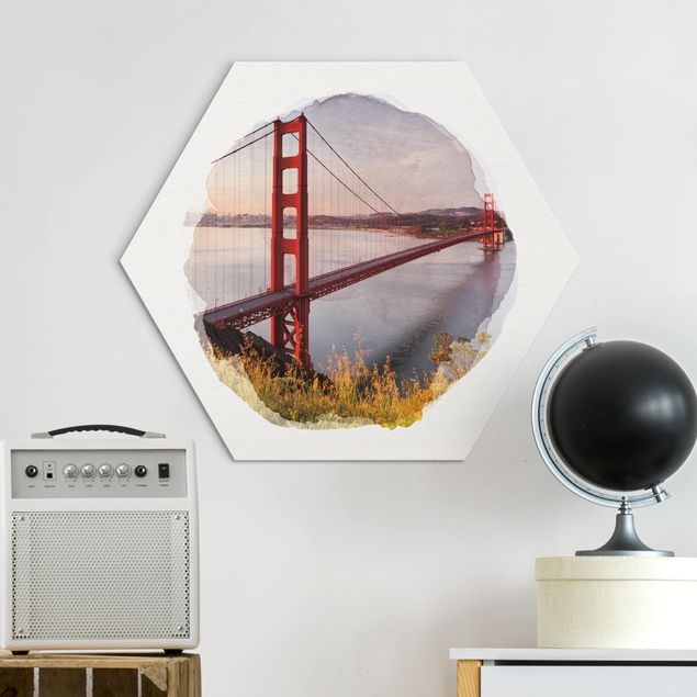 Esagono in Alluminio Dibond - Acquerelli - Golden Gate Bridge di San Francisco