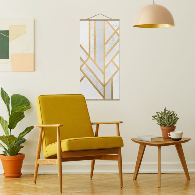 Quadro su tessuto con stecche per poster - Elisabeth Fredriksson - Art Deco Geometria oro bianco - Verticale 2:1