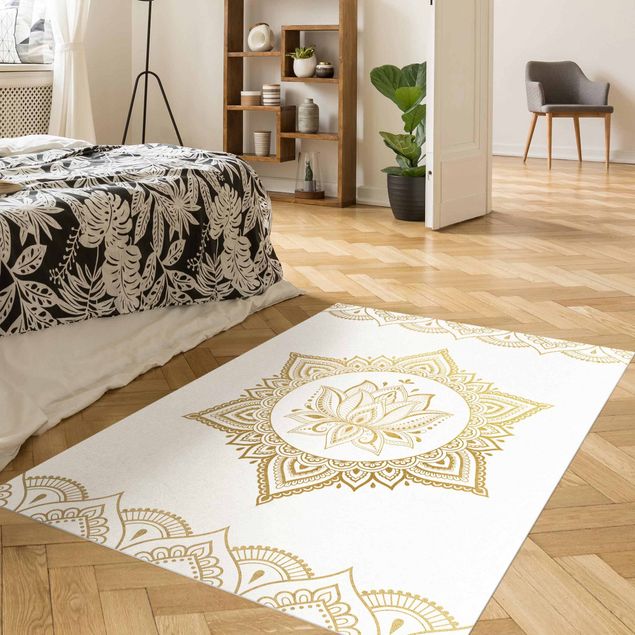 Tappeti moderni soggiorno Mandala Loto - Illustrazione Ornamentale Oro Bianco