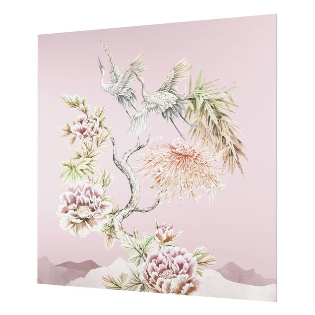 Paraschizzi in vetro - Acquerello di cicogne in volo con fiori su rosa - Quadrato 1:1